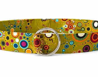 Retro Orbit Fabric D-Ring Belt | Handmade Adjustable Women's Belt | Modern Geometric Circle Belt | Dark Chartreuse Cotton Belt