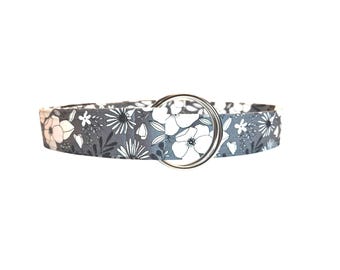 Gray Black and White Floral Print Fabric Belt