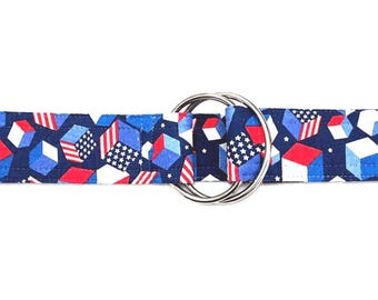 Patriotic D-Ring Belt | Handmade Fabric Belt | Adjustable Double Ring Belt | Americana Belt | Freedom Fireworks | Patriotic Geometric | USA