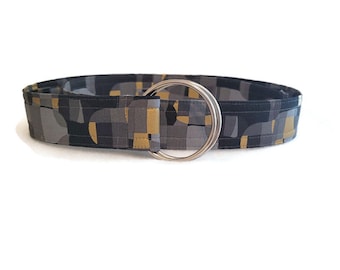 Women's Black Gray and Gold Print Fabric Belt