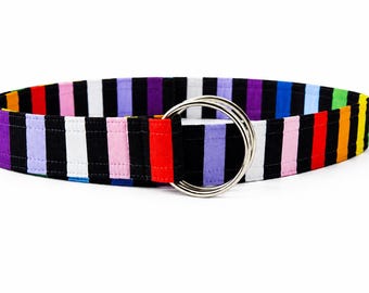Spectrum Stripe Fabric Belt | Handmade Adjustable D-Ring Belt | Colorful Cotton Belt | Modern Women's Statement Belt | 1.5" Wide