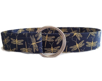 Navy and Gold Dragonfly Print Fabric Belt