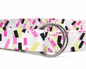 Confetti Pop Fabric Belt | Handmade D-Ring Belt | Pink, Yellow & Black Geometric Belt | Adjustable 1.5-Inch Women's Belt