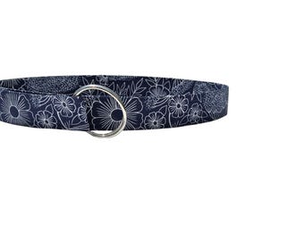 Women's Blue and White Floral Print Fabric Belt