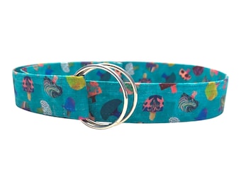 Mushroom D-Ring Belt | Handmade Adjustable Fabric Belt | Colorful Mushroom Print Belt | Cottagecore Belt | Woodland Accessory