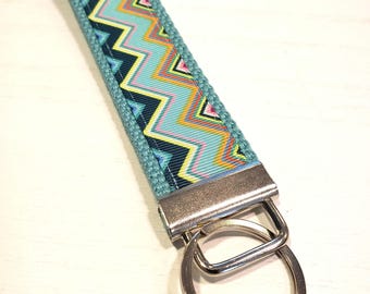 Aqua Chevron Print Grosgrain Ribbon Key Fob