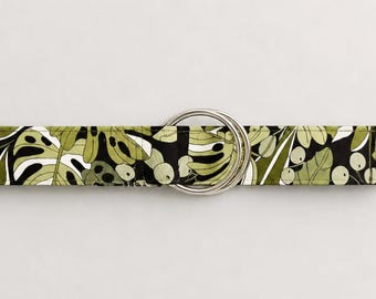 Green Botanical D-Ring Belt | Handmade Adjustable Fabric Belt | Tropical Leaf Belt | Monstera Print Belt | CB Stitches