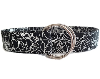Women's Black and White Floral Print Fabric Belt