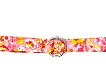 Pink Floral D-Ring Belt | Handmade Adjustable Fabric Belt | Paisley Print Belt | Women's Fabric Belt | CB Stitches