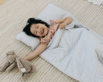 Cotton Daycare Nap Mat with Attached Pillow and Blanket | Organic Cotton Sleeping Bag | Nursery and Camping Kids Bedding Blue Grey Stripe