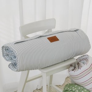 Cotton Daycare Nap Mat with Attached Pillow and Blanket | Organic Cotton Sleeping Bag | Nursery and Camping Kids Bedding Blue Grey Stripe