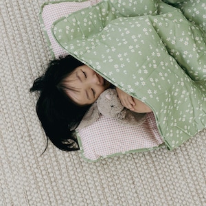 Cotton Daycare Nap Mat with Attached Pillow and Blanket | Organic Cotton Sleeping Bag | Nursery and Camping Kids Bedding Green Blossom