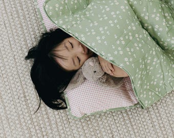 Cotton Daycare Nap Mat with Attached Pillow and Blanket | Organic Cotton Sleeping Bag | Nursery and Camping Kids Bedding Green Blossom