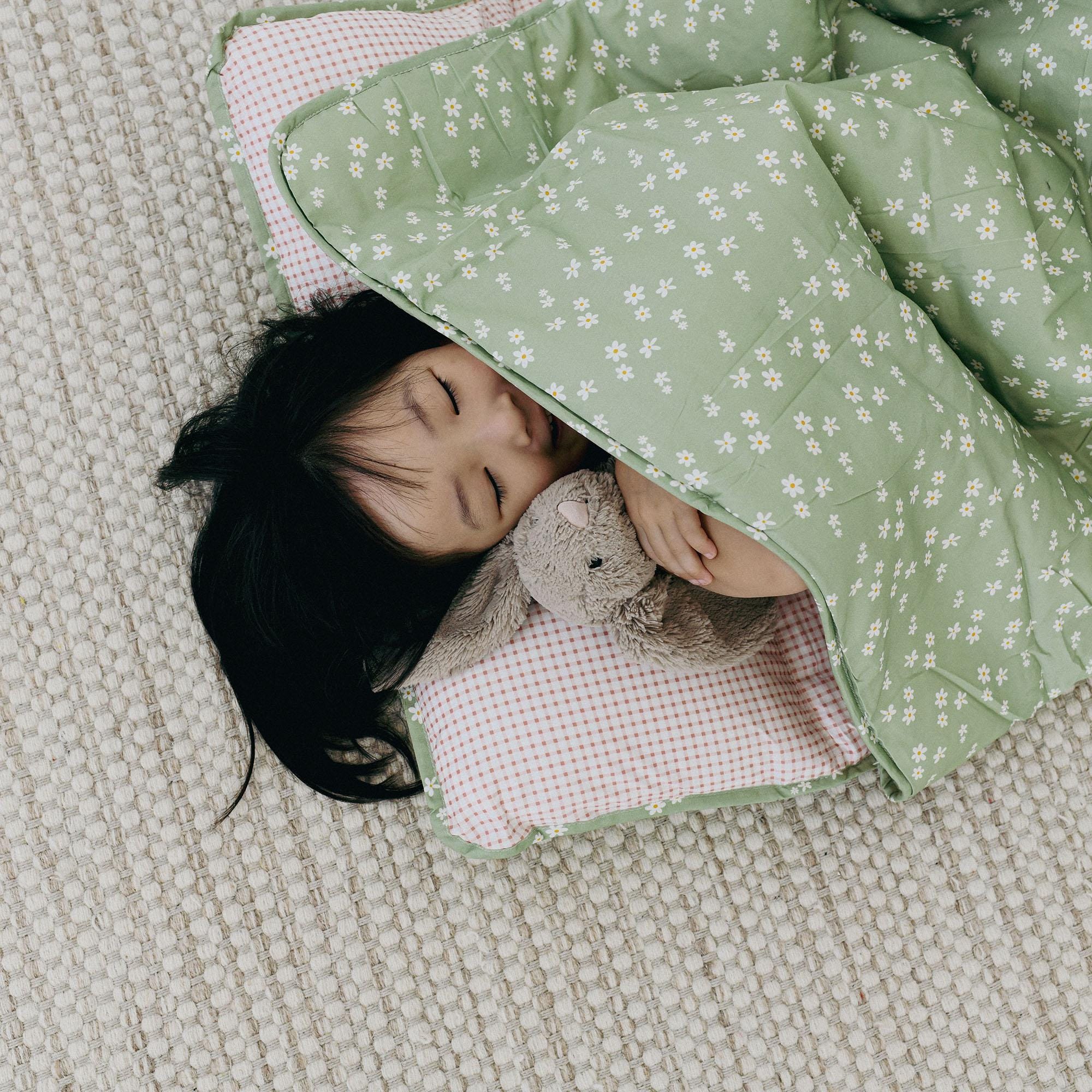Cotton Daycare Nap Mat with Attached Pillow and Blanket | Organic Cotton Sleeping Bag | Nursery and Camping Kids Bedding Green Blossom