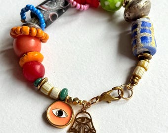 Boho Protection Bracelet: African Trade Beads, Dzi, Evil Eye, Hamsa Charm