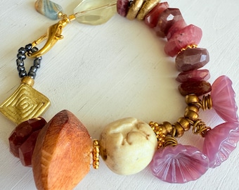 Boho Ruby Gemstone Beaded Bracelet with Purple Flowers and Ceramic Horse Bead