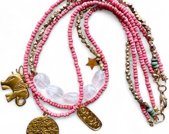 Pink African Glass & Rose Quartz Necklace: Gold Elephant, Tree of Life Charms