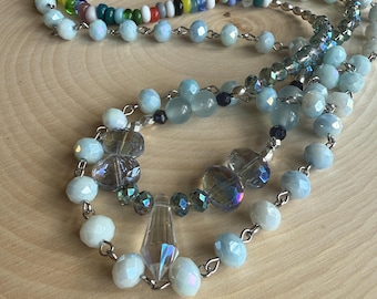 Beach Boho Double Strand Beaded Necklace, Layered Jewelry, Crystal Healing Energy