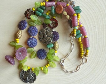 Boho Garden Necklace, Floral Accents, Pewter Fairy Charms, Purple and Green Double Strands