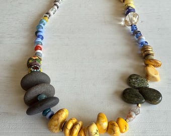 Prairie River Beaded Necklace with Natural Stone, Yellow Fluorite, African Glass, Yellow Jasper