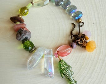 Boho Gemstone Charm Bracelet: Ruby, Rose Quartz, Crystal, Fish Charm