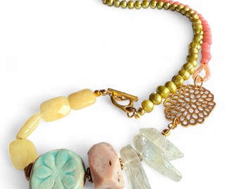 Boho Statement Necklace: Coral, Opal, Pearl, and Ceramic Bead