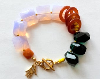 Chunky Gemstone Charm Bracelet: Pink Opalite & Green Quartz, Boho Handmade Jewelry