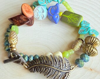 Handmade Woodland Bracelet Set: Tree, Bird, Fern Charms