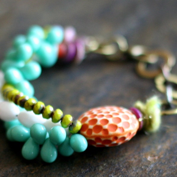 Colorful Boho Bracelet, Tribal Jewelry, Orange and Turquoise, Bohemian Jewelry, Multi Strand