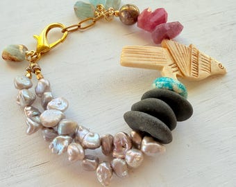Boho Charm Bracelet, Freshwater Pearl, Ruby, Crow Totem