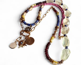 Layered Gemstone Necklace: Garnet, Pearls, Lapis, African Trade Beads