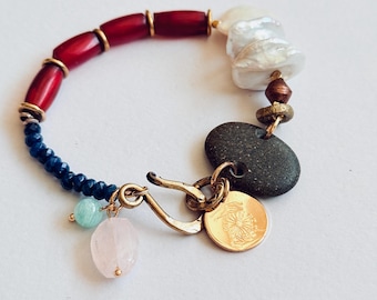 Boho Charm Bracelet: Sapphire, Rose Quartz, Pearl, Beach Stone & Gold
