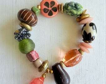Boho Stretch Bracelet, African Wedding Bead, Ghana Glass, Wood, Ceramic, 8"