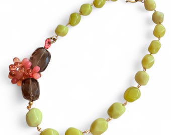 Yellow Jade & Smoky Quartz Necklace: Handmade Gemstone Beaded Jewelry
