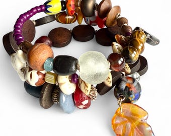 Memory Wire Bracelet with African Tribal Beads, Earth Tones, Boho Bracelet
