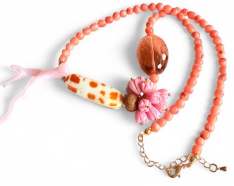 Pink Coral Beaded Statement Necklace: Acrylic Pendant, Czech Glass, Gold Filled
