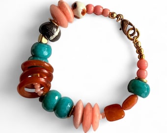 Boho Beaded Bracelet – African Glass, Aventurine, Bone & Vintage Lucite – 8” Handmade Jewelry