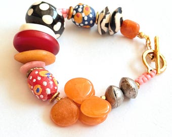 Chunky African Trade Bead Bracelet: Gemstone Boho Statement Jewelry