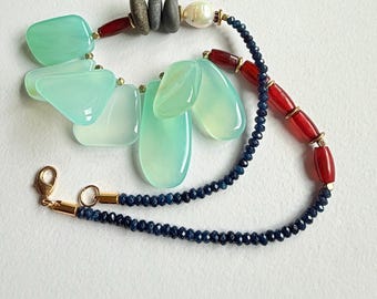 Chalcedony & Sapphire Beaded Necklace: Boho Ocean Jewelry