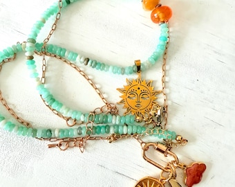 Bohemian Layered Necklace Set with Aquamarine, Gold filled chain, Sun and Moon, Handmade