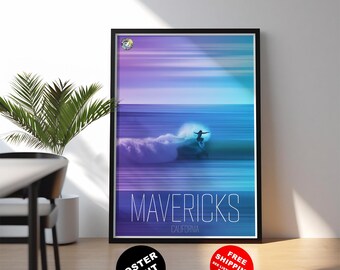 California surf print: Vibrant Mavericks surf illustration