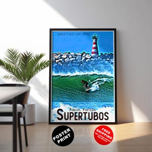 Supertubos surf print, Peniche surf poster, Portugal surf travel poster, Supertubos beach poster, Gift for surfer, Europe surfing wall art