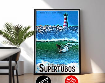 May include: Poster print featuring a surfer riding a wave at Supertubos beach in Peniche, Portugal. The image includes a lighthouse, text that reads "World's Best Surf Spots" and "Supertubos". The poster is framed in black.