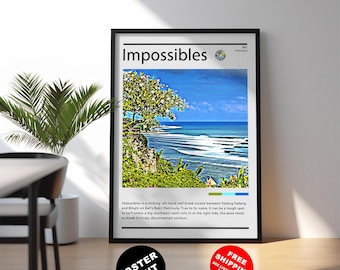 Könnte beinhalten: Ein gerahmter Posterdruck mit dem Wort "Impossibles" über einer Küstenlandschaft. Das Bild zeigt eine Klippe mit Wellen und blauem Himmel. Text darunter beschreibt den Surfspot. Ein schwarzer Kreis sagt "Poster Print."