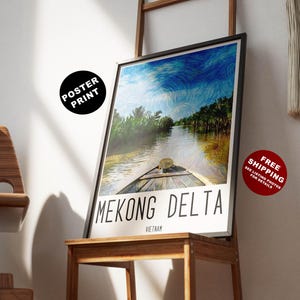 Pôster de viagem do Vietnã, impressão do delta do Mekong, pôster do rio Mekong, impressão artística do sudeste asiático, impressão do Vietnã, paisagem do Vietnã, arte da parede do sudeste asiático