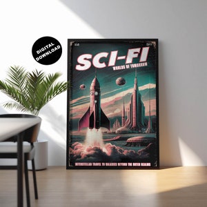 Vintage Sci-fi poster, Science fiction wall art, Retro wall art, Rocket ship print, Nostalgic décor, 1950s sci fi, Retro print, Space travel