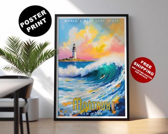 Montauk New York Surf Poster: Retro Beach Travel Print