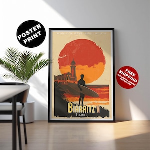 Biarritz Surf Illustration - Biarritz beach wall art - France Surf poster retro - French Basque beach print - Basque Country travel print