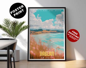 Raglan New Zealand Surf Poster: Retro Beach Travel Print