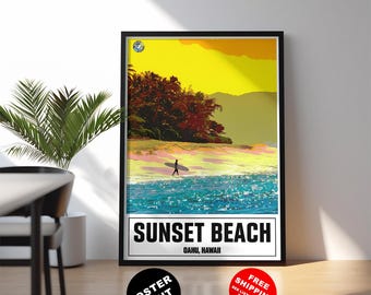 May include: A framed poster print featuring a vibrant sunset beach scene. The artwork depicts a surfer walking along the shore with a surfboard, with the words "Sunset Beach, Oahu, Hawaii" at the bottom. The sky is yellow and the water is blue.